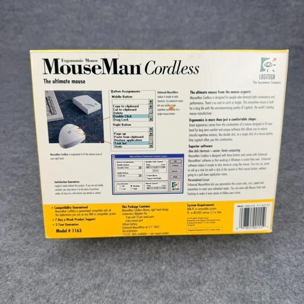 Vintage Logitech MouseMan Cordless Mouse Model 1163 Box Receiver Software Disk